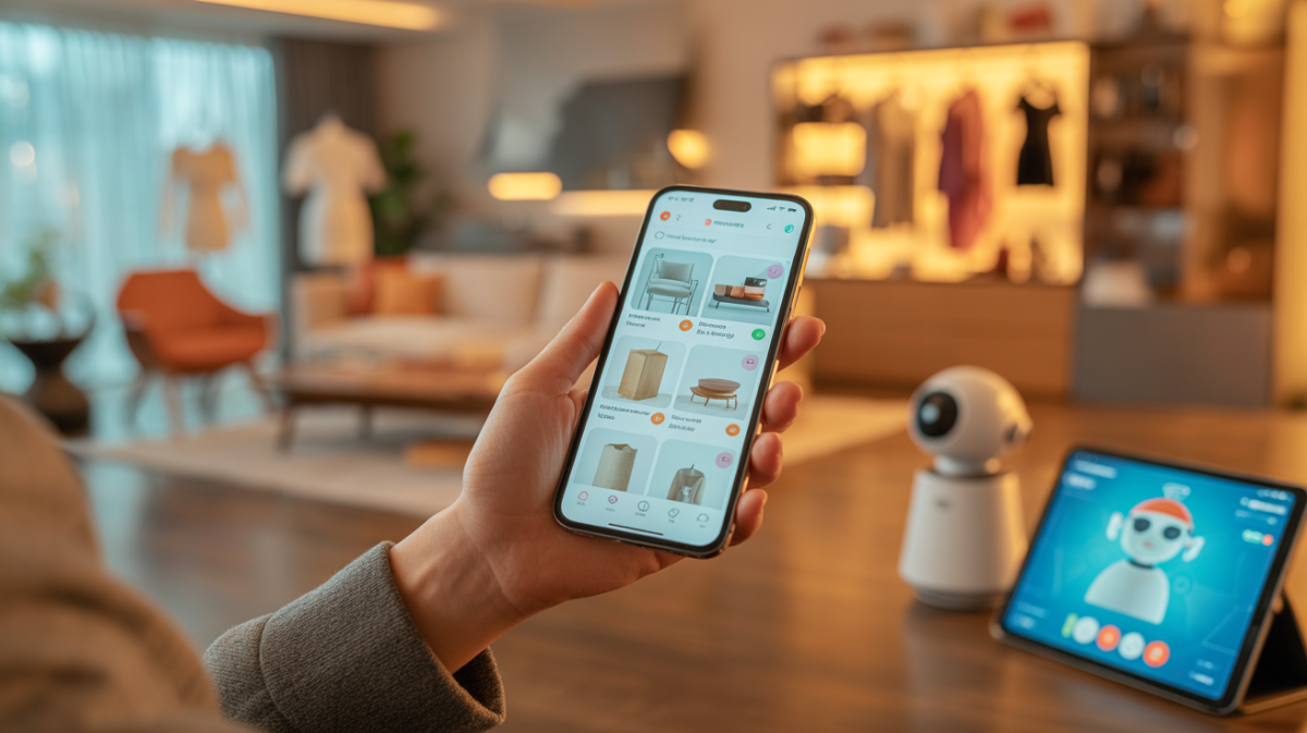 Illustration of the transformative impact of mobile commerce innovations, including AI-driven personalization, automated logistics, blockchain security, and sustainable practices.